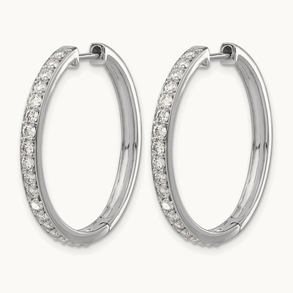 Diamond Hinged Hoop Earrings — 14K White Gold, 30mm, 1.26 ct