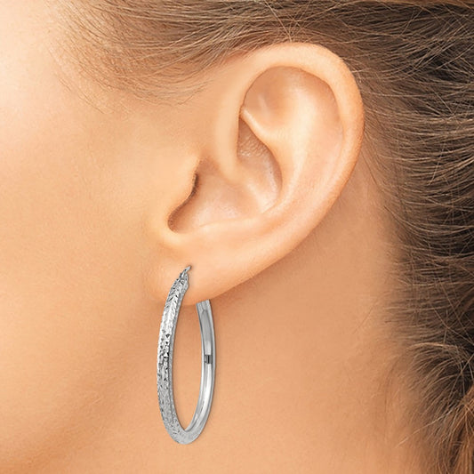 Diamond-cut Round Hoop Earrings — 14K White Gold, 35mm, 3mm