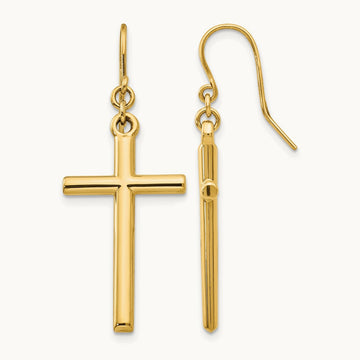 Cross Shepherd Hook Dangle Earrings, 14K