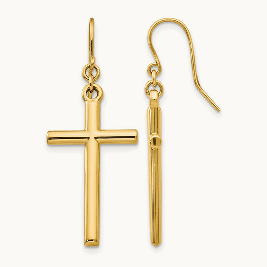 Cross Shepherd Hook Dangle Earrings, 14K