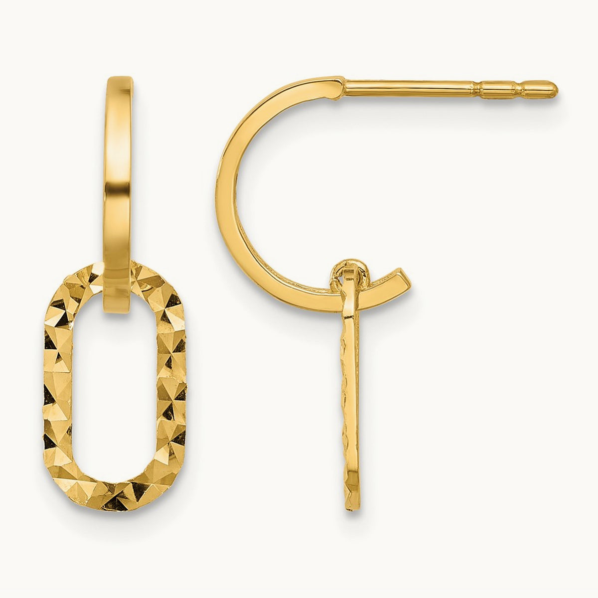 Polished and D/C J-Hoop Dangle Post Earrings, 14K