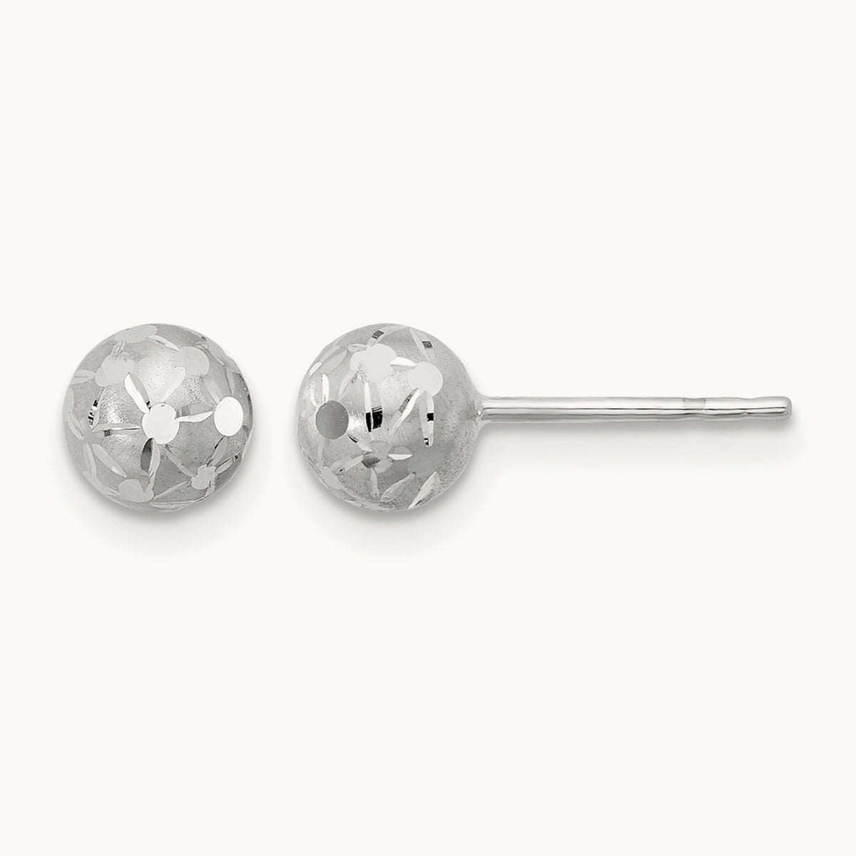 Polished/Satin and Diamond-cut Ball Post Earrings — 14K White Gold