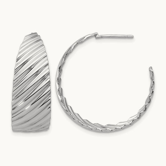 Rh-plat Polished Grooved Left/Right J-Hoop Earring — 28.5mm