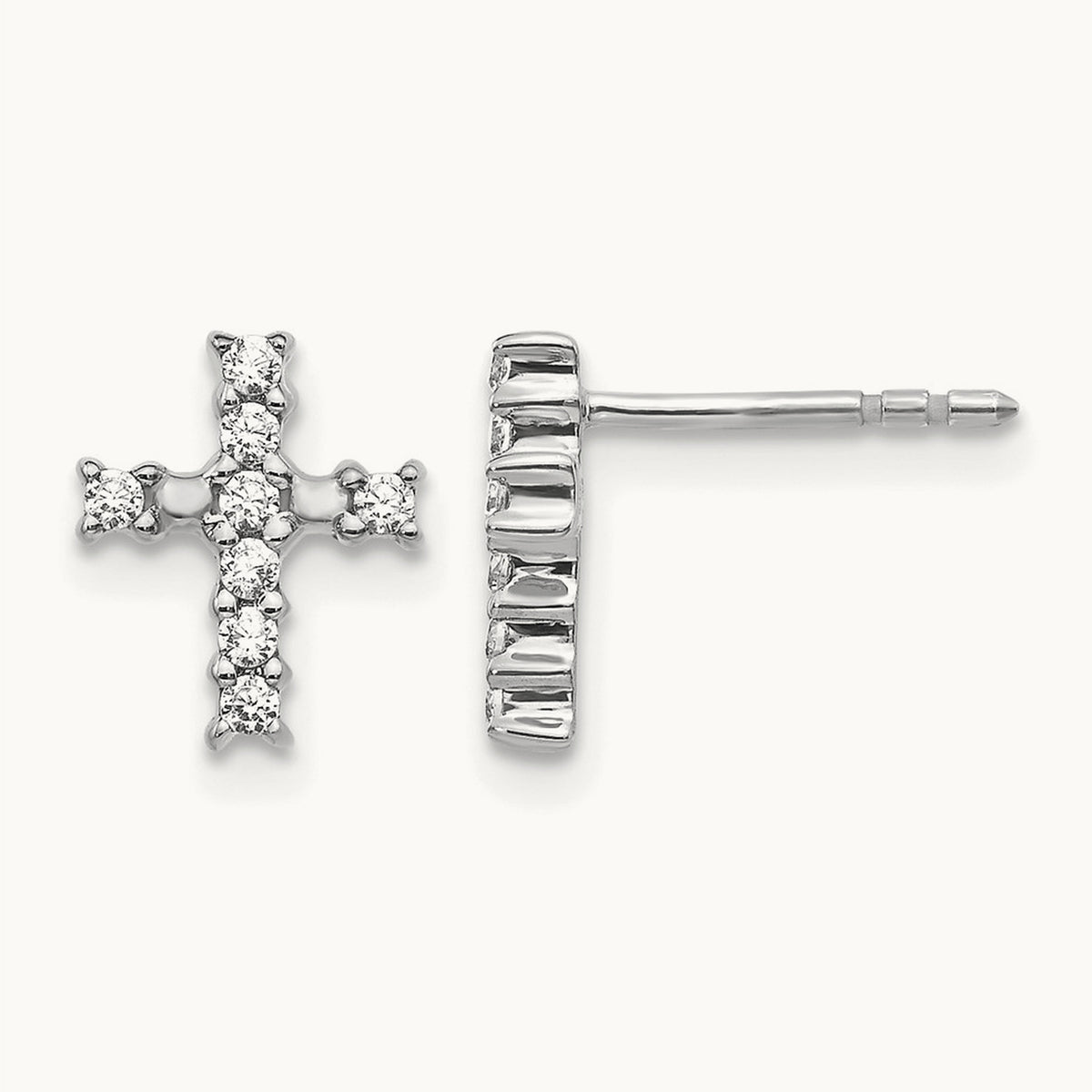 Polished Diamond Cross Post Earrings — 14K White Gold, 10mm