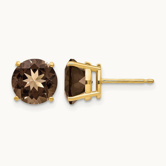 Round Smoky Quartz Earrings, 8mm, 14K