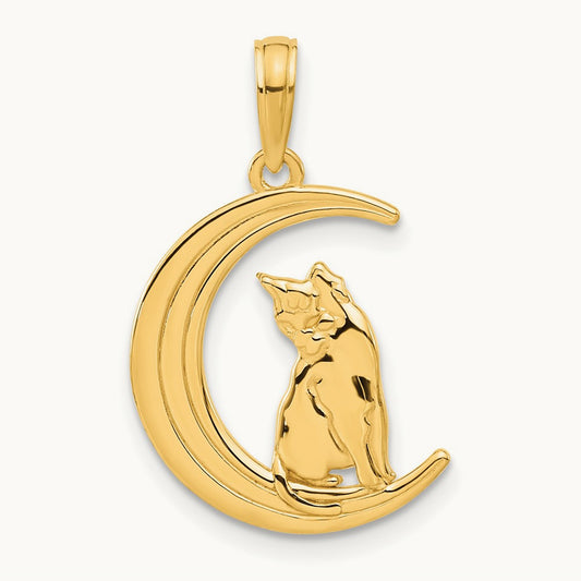 Polished Cat Sitting On Moon Pendant, 14K