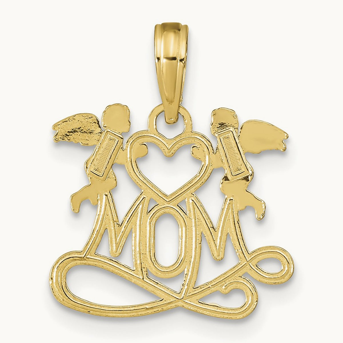Polished MOM w/Heart and Angels Pendant, 14K