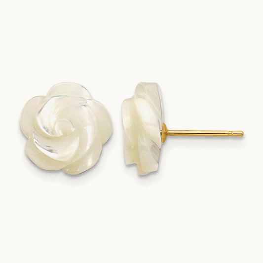 White Mother of Pearl Flower Design Post Stud Earrings, 10mm, 14K