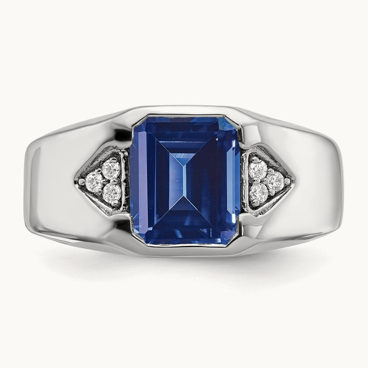 Emerald-cut Created Sapphire and Lab-Grown Diamond Men's Ring — 14K White Gold