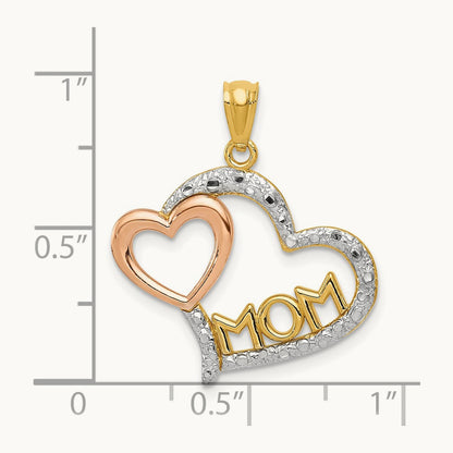 w/White Rhodium Diamond-cut MOM in Heart w/Heart Pendant, 14K Two-tone