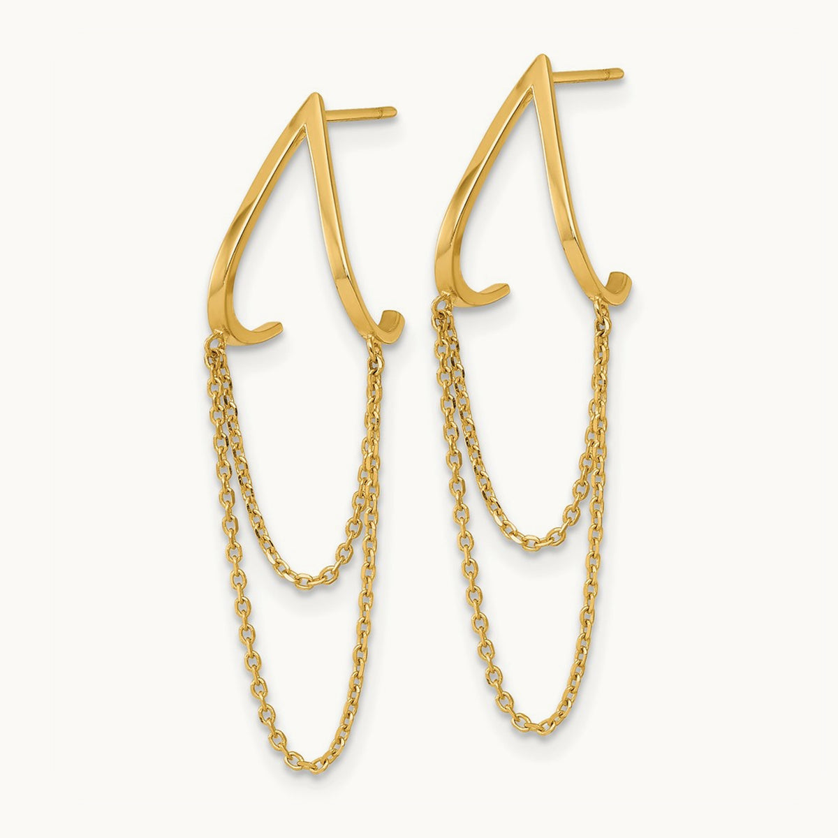 Polished V Design with Dangle Chain Post Earrings, 14K