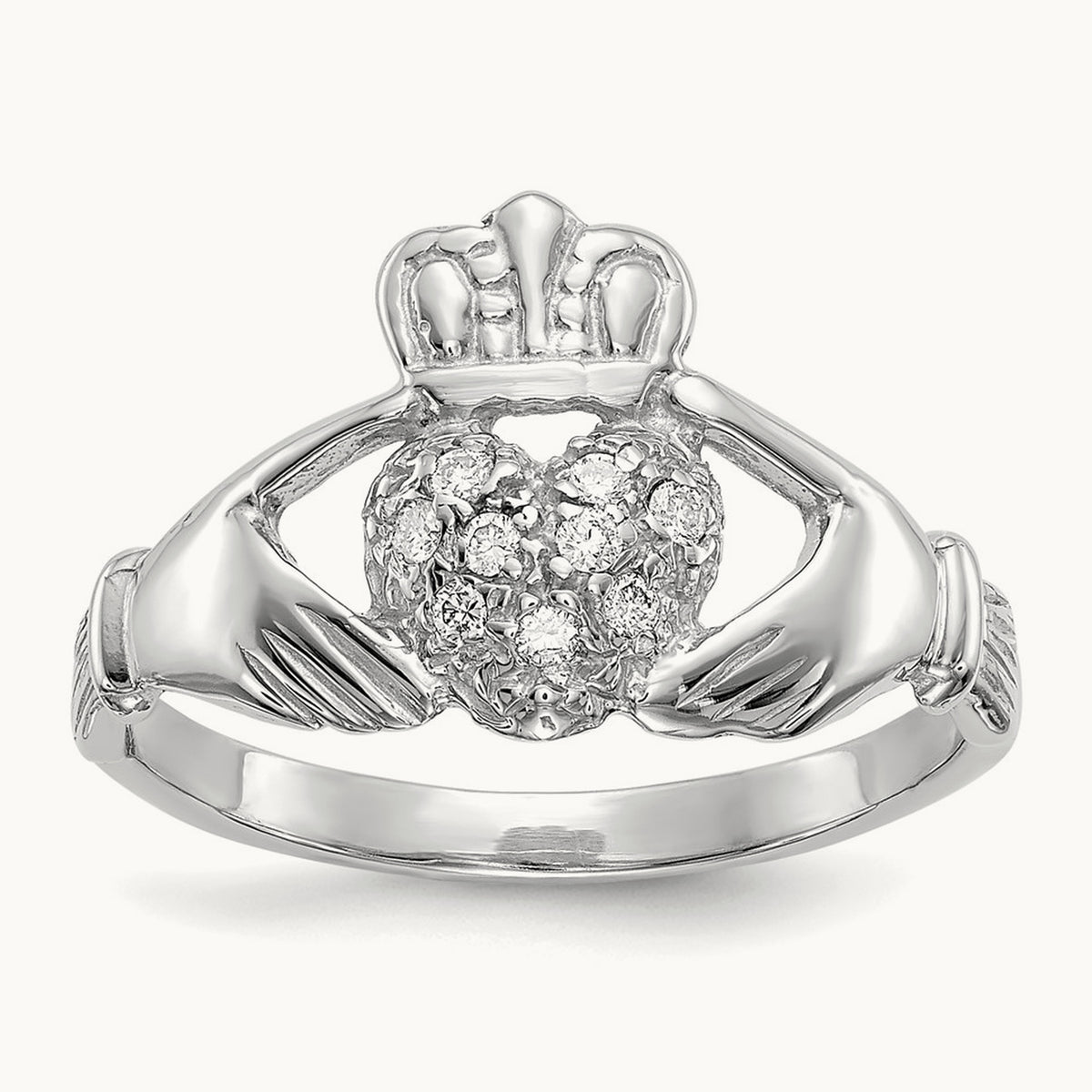 Diamond Claddagh Ring — 14K White Gold