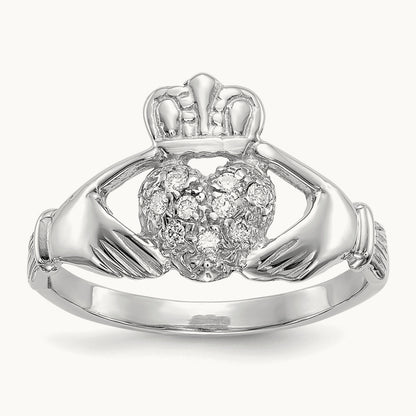 Diamond Claddagh Ring — 14K White Gold