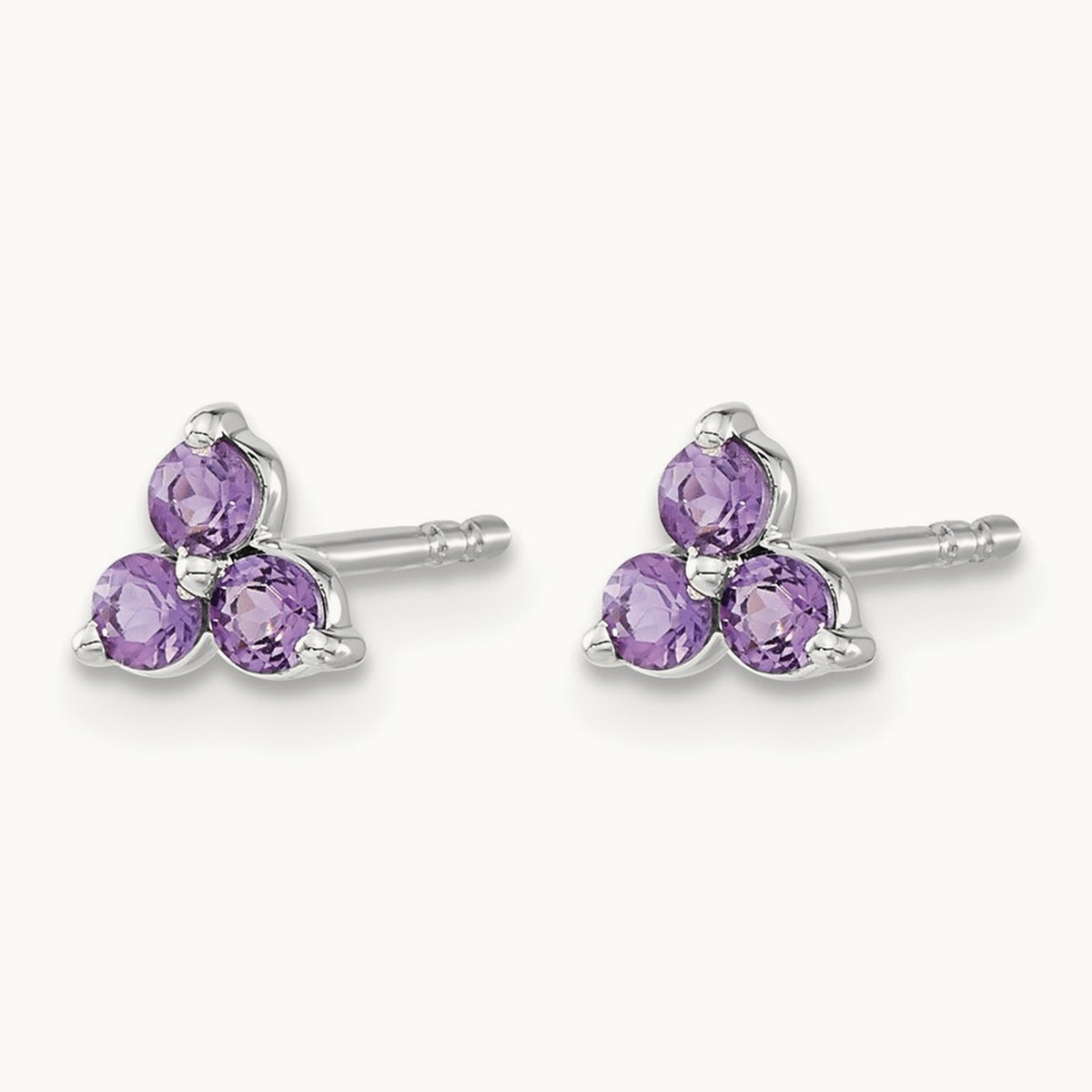 3-stone Amethyst Triangle Earrings, 14K White Gold