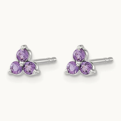 3-stone Amethyst Triangle Earrings, 14K White Gold