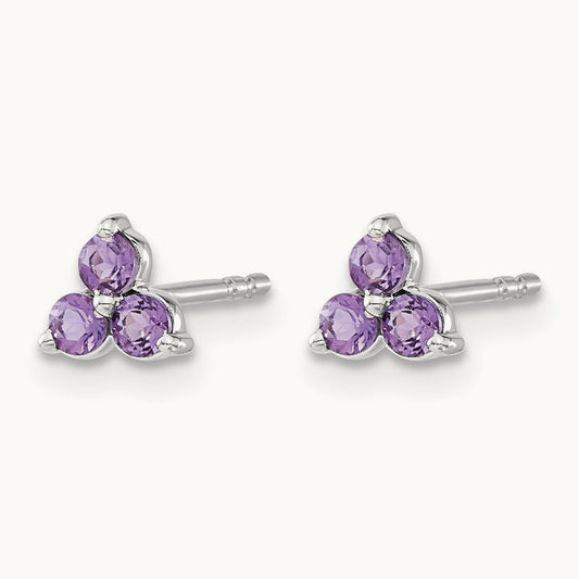 3-stone Amethyst Triangle Earrings, 14K White Gold