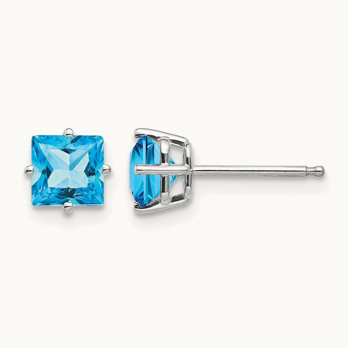 Princess Cut Blue Topaz Earrings, 5mm, 14K White Gold