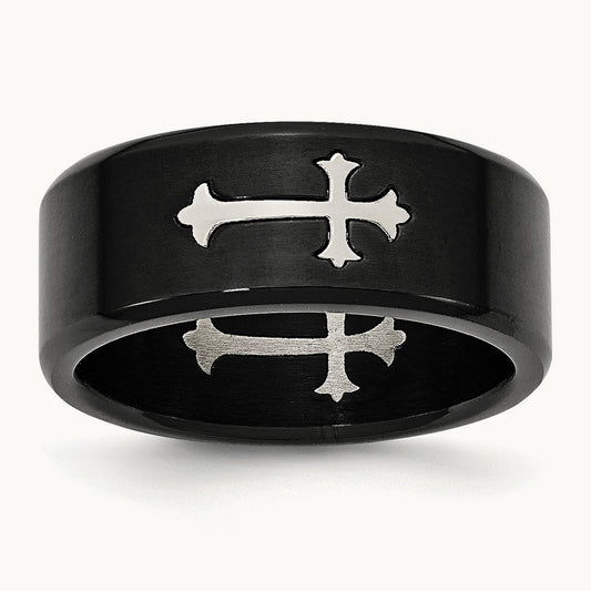 Stainless Steel Brushed Black IP-plated with Cross 9mm Band