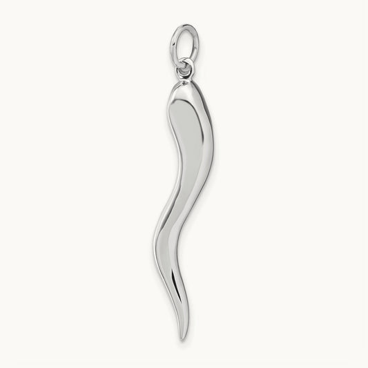 Solid Polished 3-D Large Italian Horn Charm, 14K White Gold