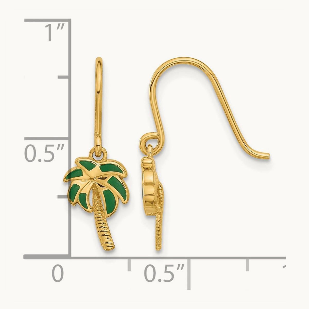 Polished Green Enameled Palm Tree Shepherd Hook Dangle Earrings, 14K