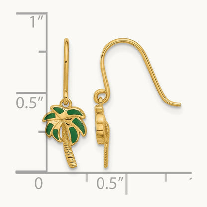 Polished Green Enameled Palm Tree Shepherd Hook Dangle Earrings, 14K