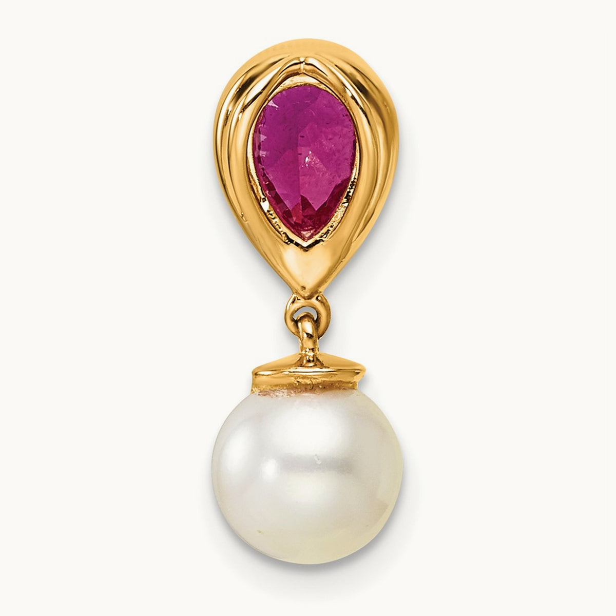 Polished Diamond Pearl and Ruby Teardrop Chain Slide, 14K