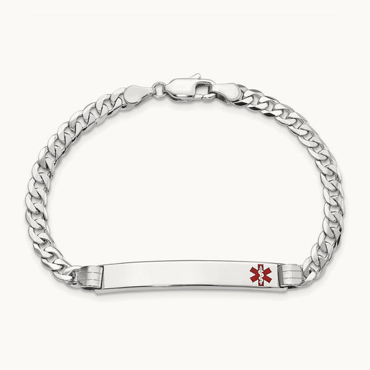 Medical Red Enamel Flat Curb Link ID Bracelet, 14K White Gold