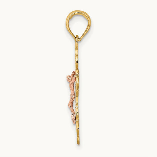Crucifix W/ Scallop Trim Charm, 14K Two-tone
