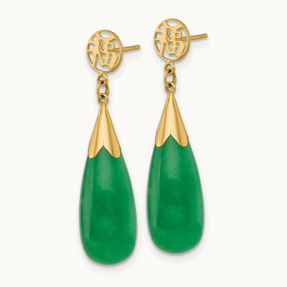 Polished Good Luck Symbol Jade Teardrop Post Dangle Earrings, 14K