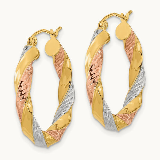 w/ White/Rose RH Polished & D/C Twist Hoop Earrings, 14K