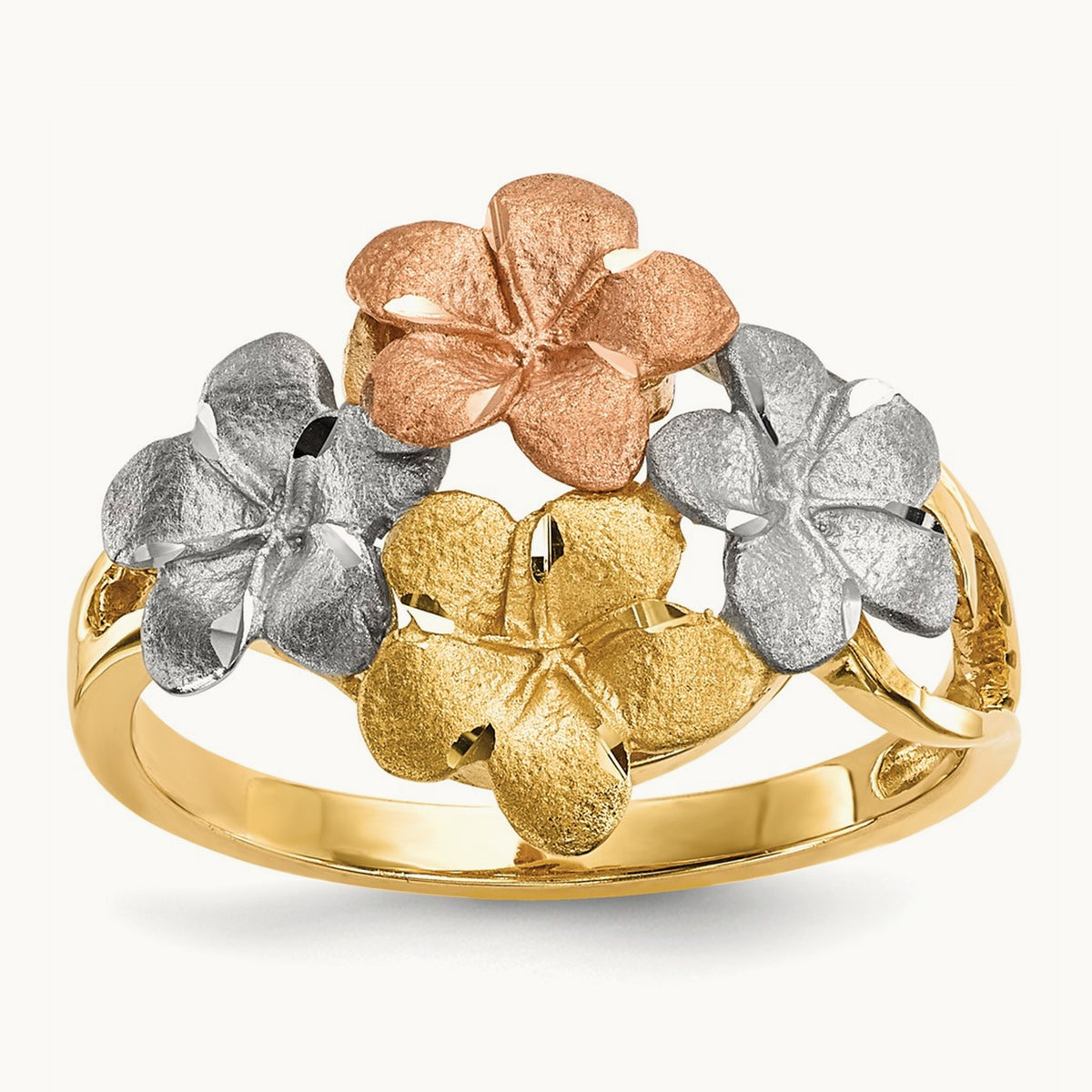 w/White Rhodium Polished & Satin D/C 4-Plumeria Ring, 14K Two-tone