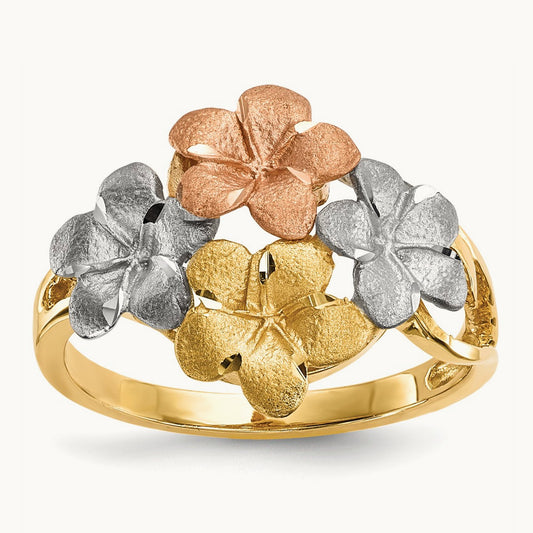 w/White Rhodium Polished & Satin D/C 4-Plumeria Ring, 14K Two-tone