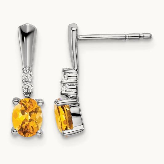 Oval Citrine and Diamond Dangle Earrings — 14K White Gold
