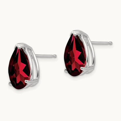 Garnet Pear Stud Earrings, 14K White Gold
