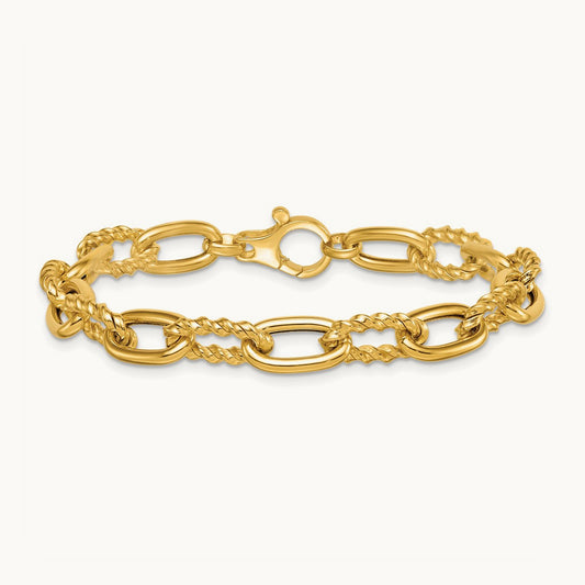 Polished Fancy and Twist 7.5in Link Bracelet, 14K
