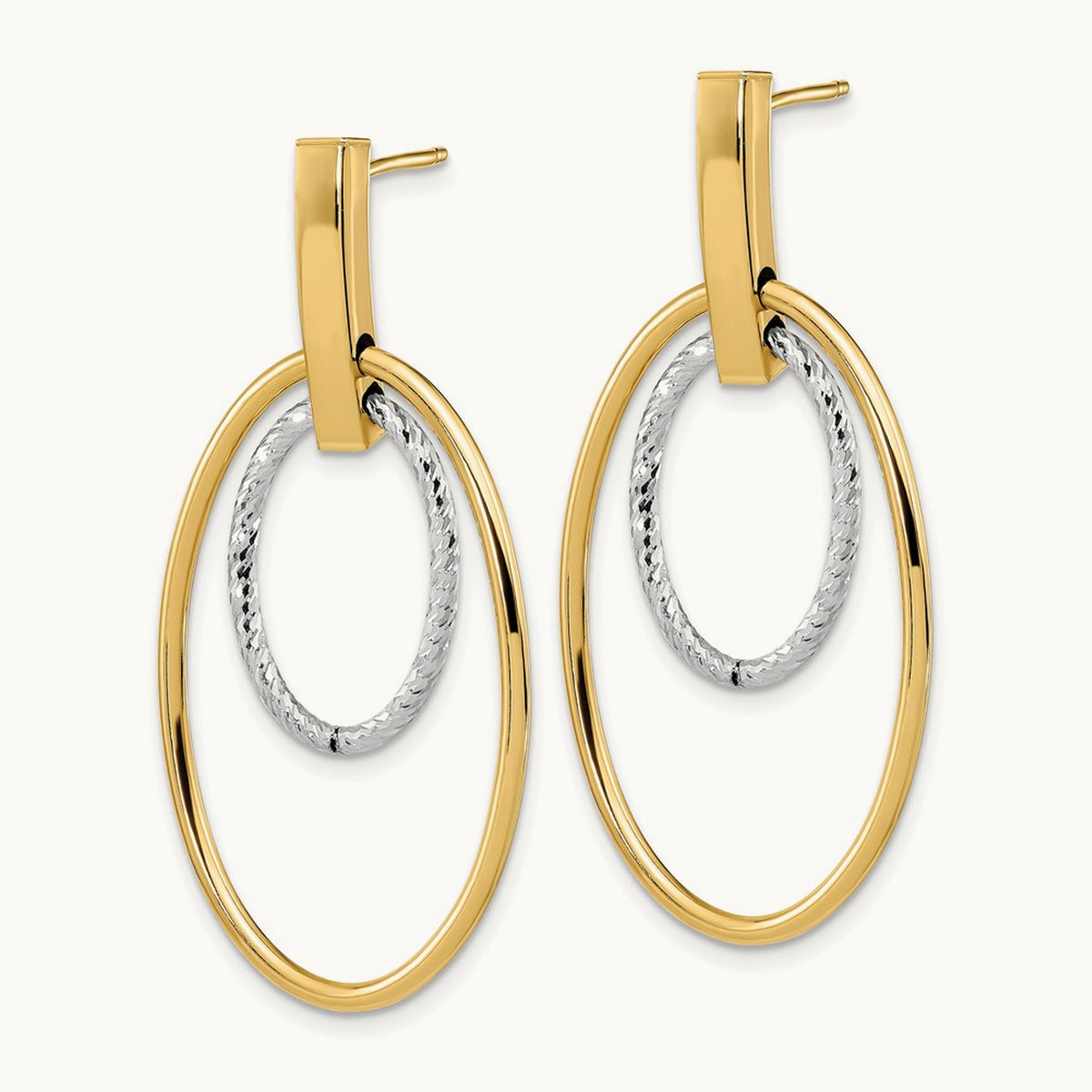 Polished Diamond Cut Post Dangle Earrings — 14K Two-Tone Gold