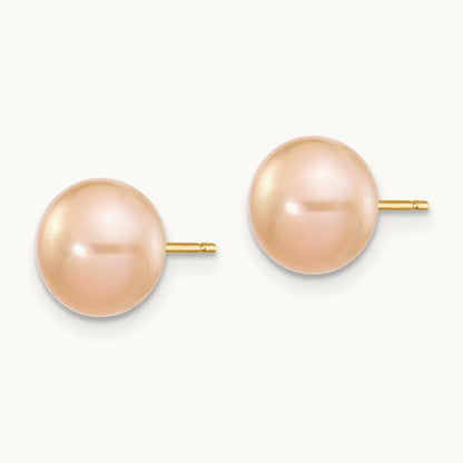 7- Pink Button FW Cultured Pearl Stud Post Earrings, 8mm, 14K