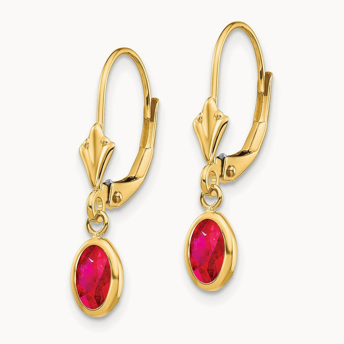 6x4 Oval Bezel July/Ruby Leverback Earrings — 14K Yellow Gold
