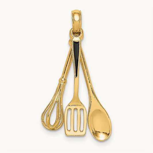3-D Enamel Spatula, Wooden Spoon, Whisk Moveable Charm, 14K