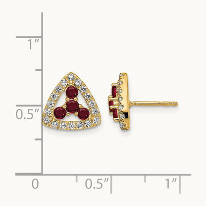 Created Ruby Triangle Post Earrings, 0.25 ct tw Lab-Grown Diamond — 14K Yellow Gold