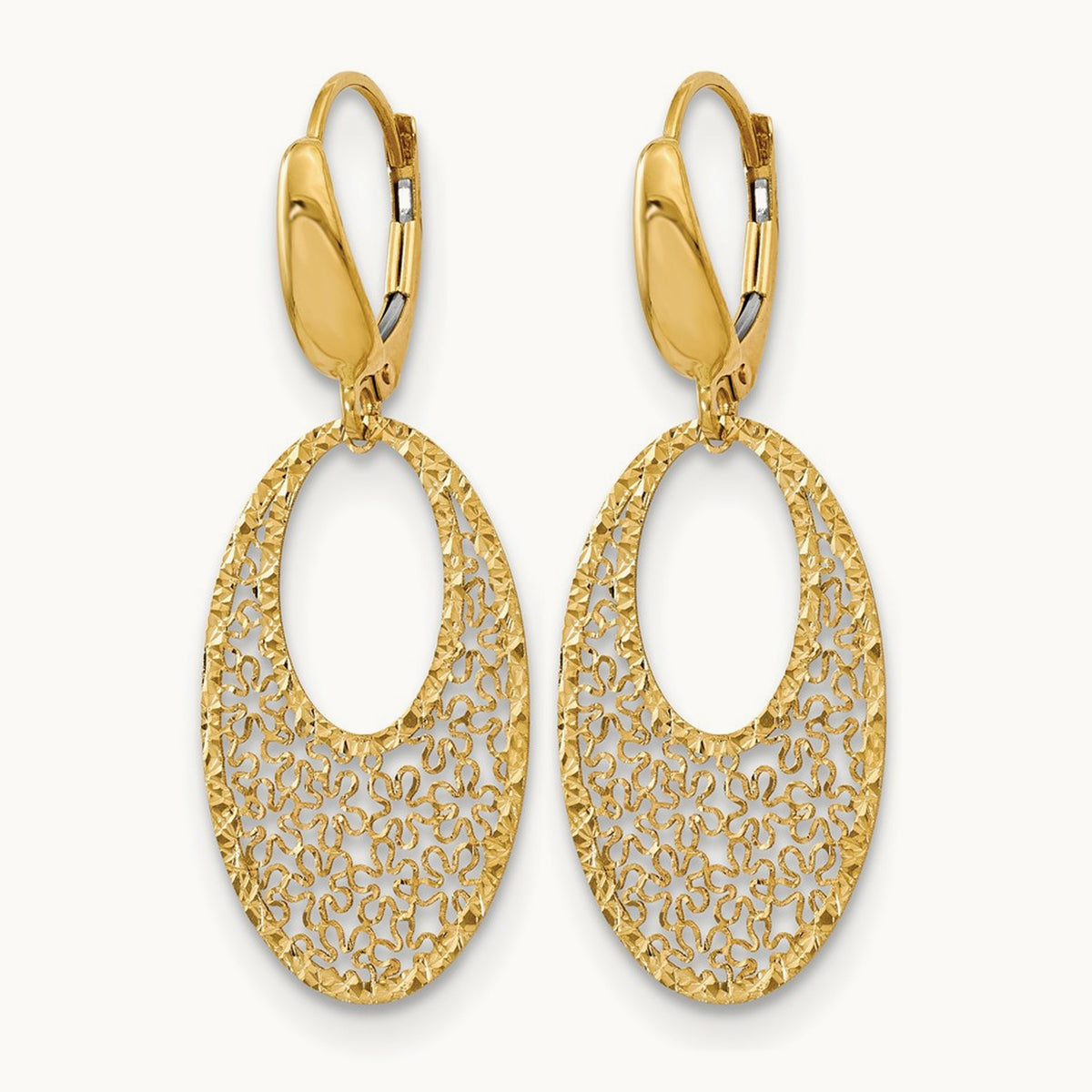 Polished and Textured Floral Leverback Earrings — 14K Yellow Gold
