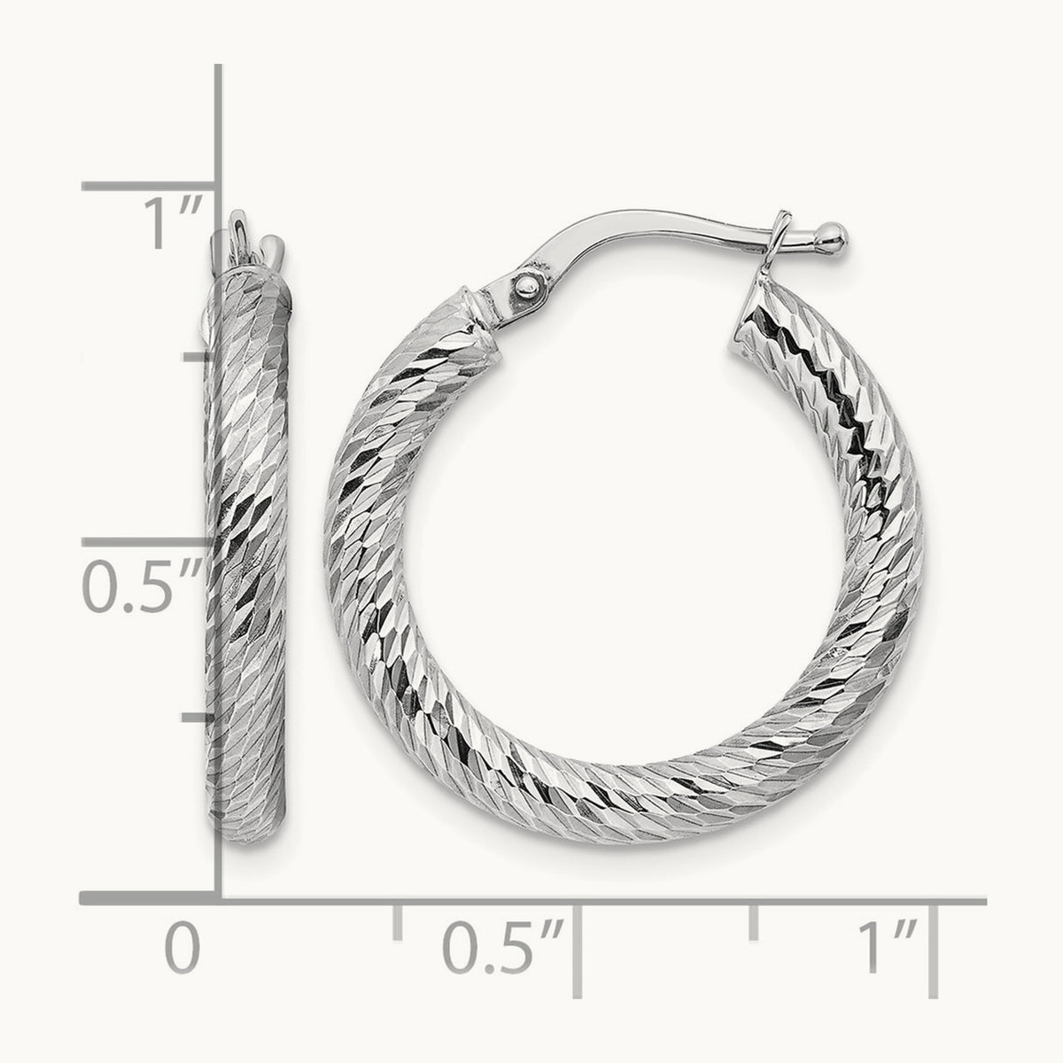 Polished Diamond-cut Round Hoop Earrings — 14K White Gold