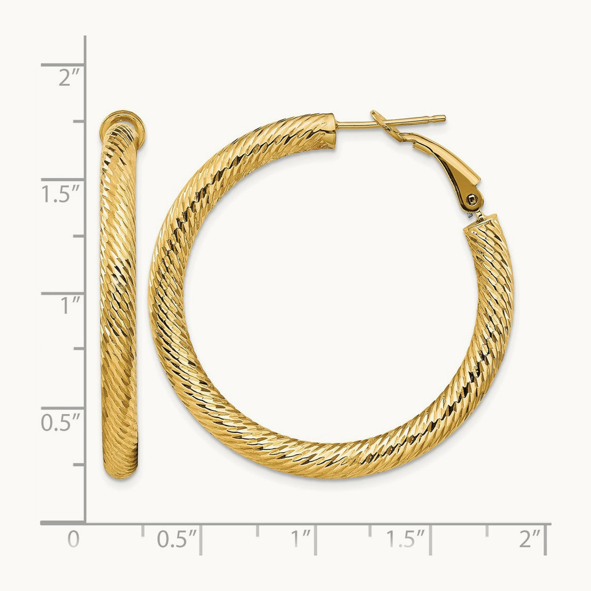 Diamond-cut Round Omega Back Hoop Earrings — 14K Yellow Gold, 4x40mm