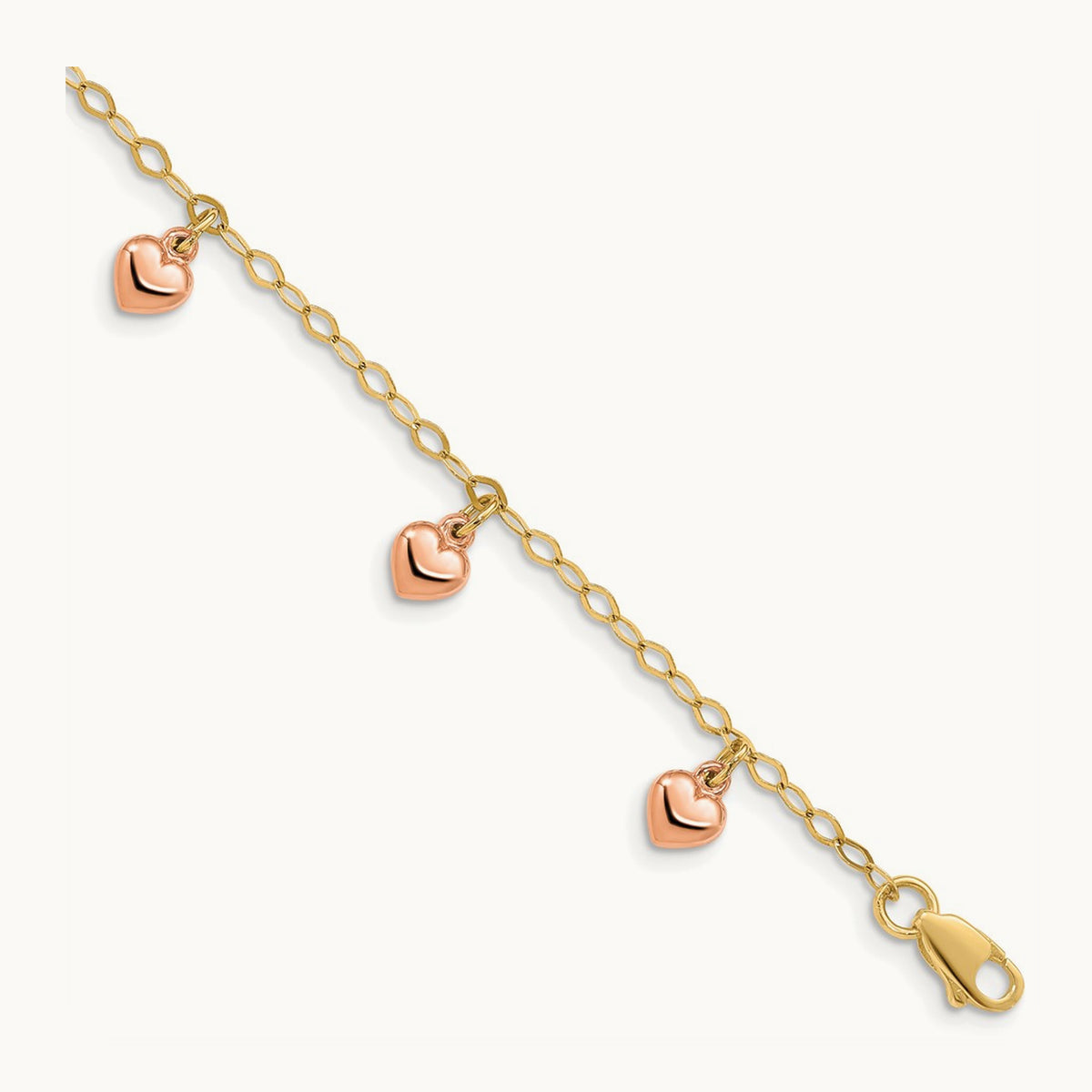 Hearts Child's Puffed Heart Charm Bracelet, 14K Yellow Gold with Rose Gold