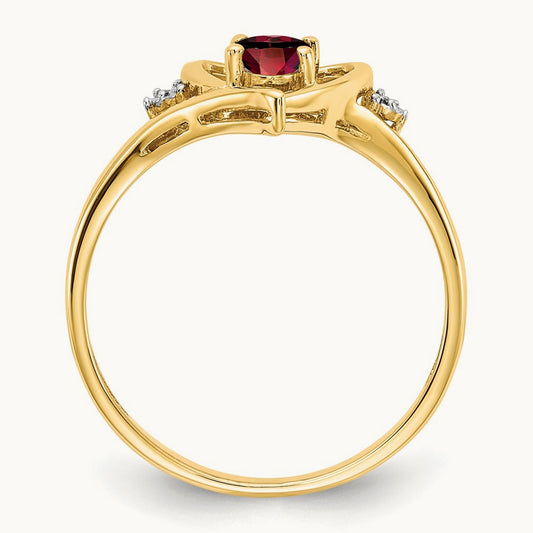 Garnet and Diamond Heart Ring — 14K Yellow Gold, 7