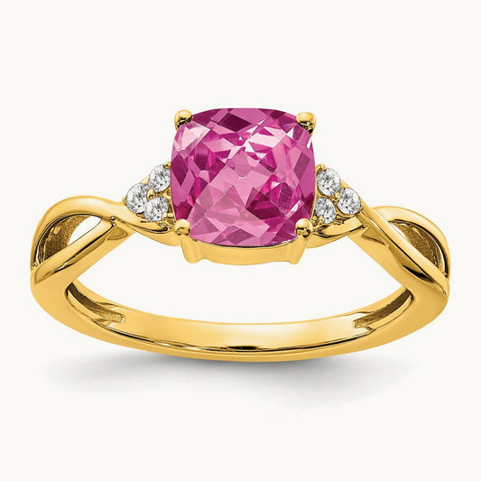 Checkerboard Created Pink Sapphire and Lab-Grown Diamond Ring — 14K Yellow Gold, 7