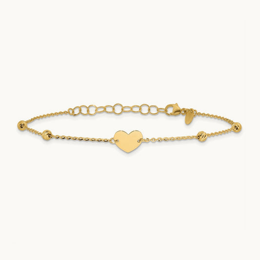 Polished and Diamond-cut Heart and Beads Plus 1in ext. Bracelet, 14K