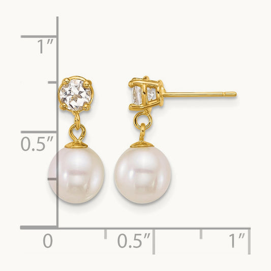7- Rnd Wht FWC Pearl & White Topaz Post Dangle Earrings, 8mm, 14K