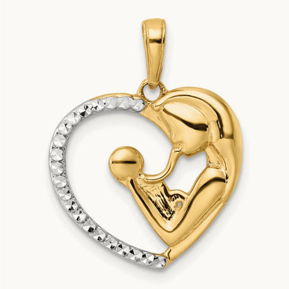 Diamond-cut Mother and Baby Heart Pendant, 14K with White Rhodium