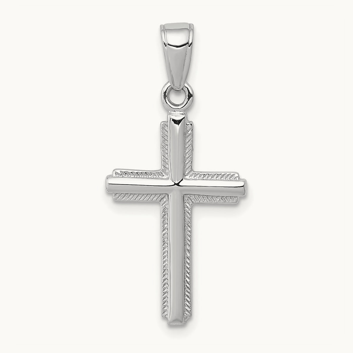 Polished Cross With Striped Border Pendant — 14K White Gold, 27mm